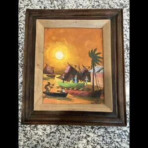 Fritzner Deluy Original Folk Painting Hatian Beach Listed